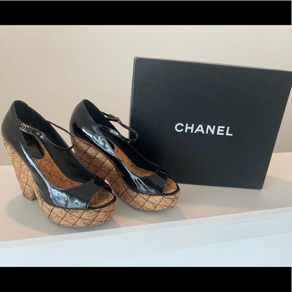 Chanel Black Patent Leather Peeptoe Wedges
